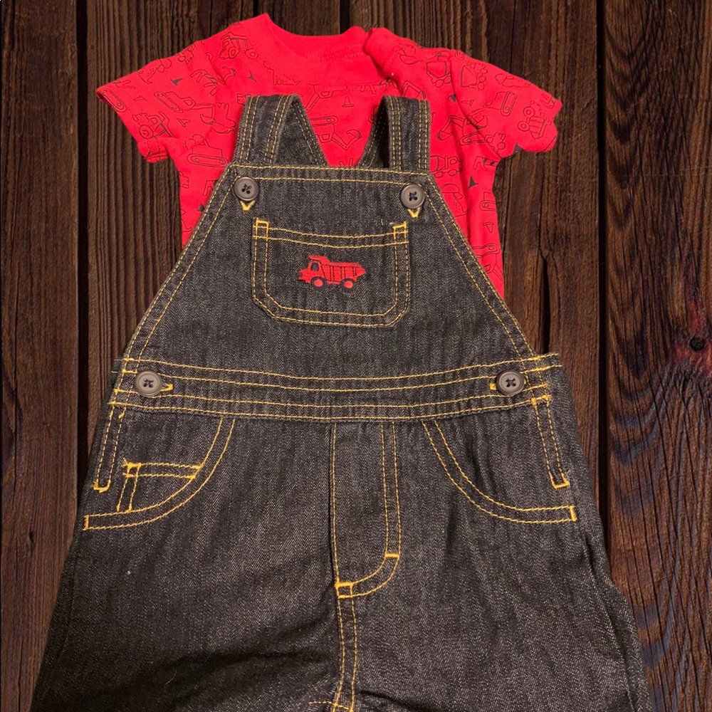 Carters denim overalls with red truck shirt 0-3